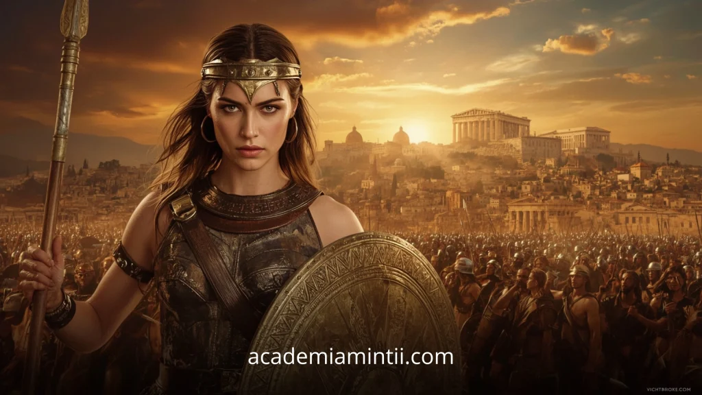 Antiope, regina amazoanelor, reprezentată ca o luptătoare în armură, cu scut și suliță, în mitologia greacă