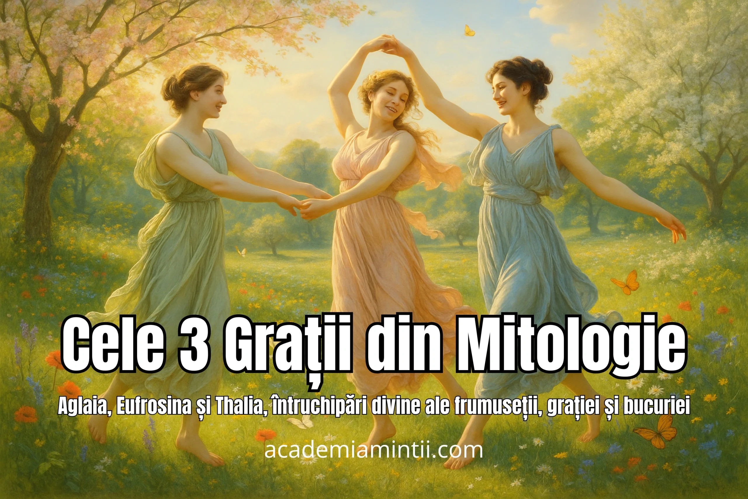 Cele 3 Grații din mitologia greacă și romană, Aglaia, Eufrosina și Thalia, întruchipări divine ale frumuseții, grației și bucuriei