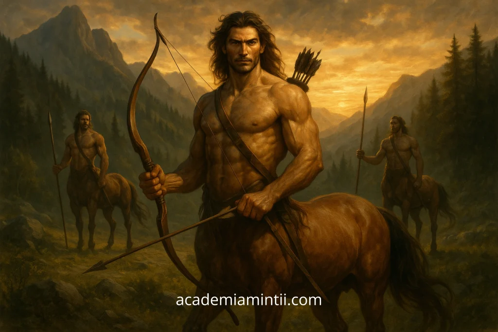 Centaurii din mitologia greacă, reprezentați realist într-un peisaj montan