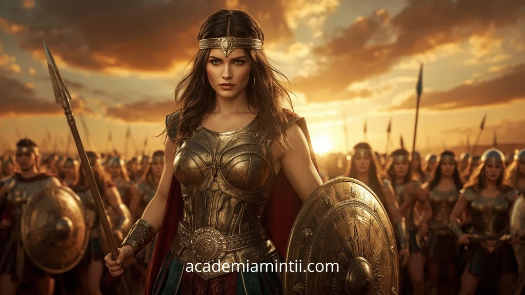 Hippolyta, regina amazoanelor, reprezentată ca o femeie războinică puternică, purtând scut și suliță, într-o scenă mitologică