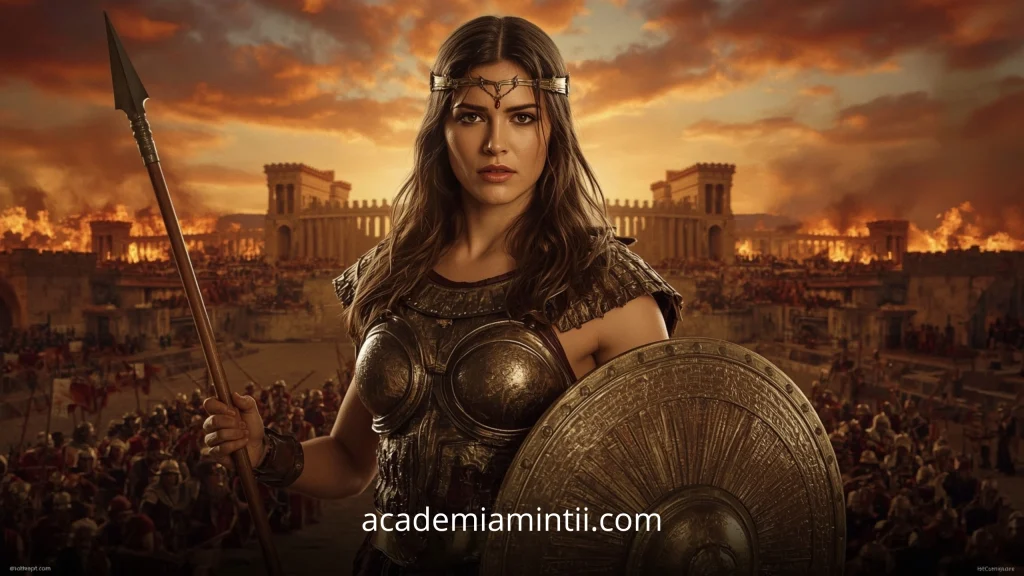 Regina amazoană Penthesilea, luptătoare legendară din Războiul Troian, în armură cu suliță și scut