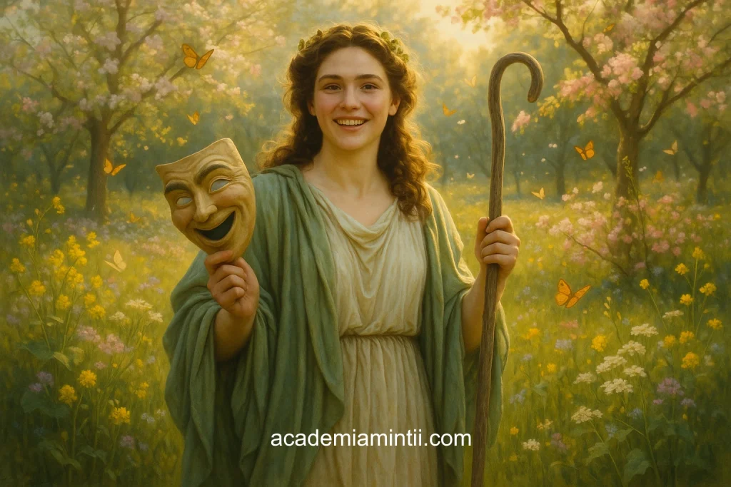 Cele 9 muze din mitologia greacă și romană. Thalia este muza comediei și a poeziei idilice.