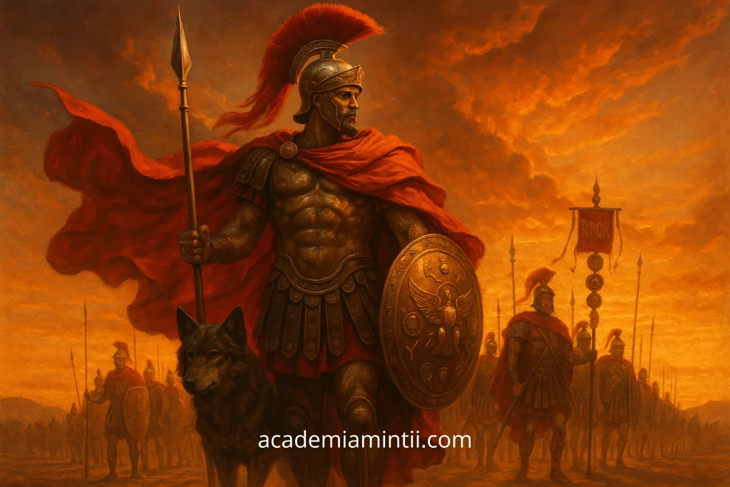 Marte, zeul războiului și tatăl legendar al lui Romulus și Remus.
